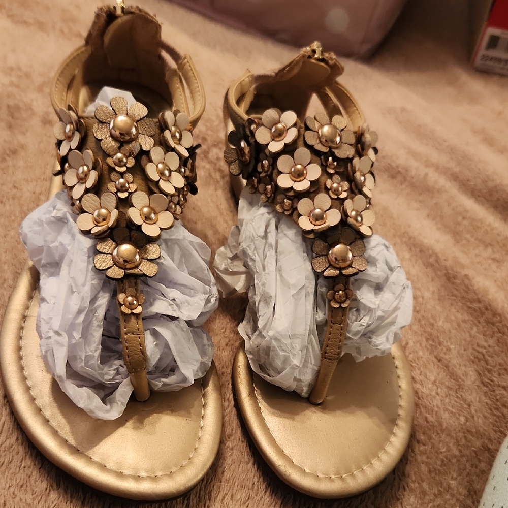 Gold Metallic Floral Sandals with Flat Sole